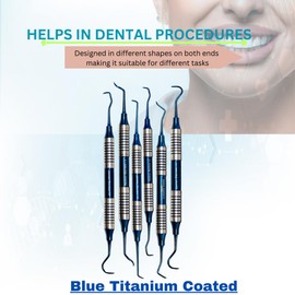 6 Pcs Dental Sickle Scalers Anterior Posterior Periodontic Instruments with Blue Titanium Coated Double Ended Tips Comes in Firm-Grip Hollow Handle Stainless Steel