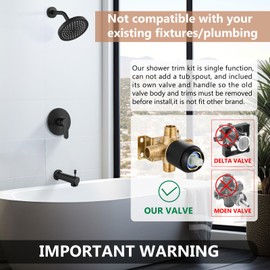 GBBNE Tub Shower Faucet Set Complete with Valve with 6-Inch Rain Shower Head and Tub Spout Bathtub Shower Trim Kit Single-Handle Matte Black