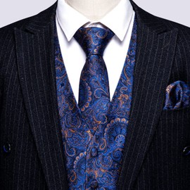 Barry.Wang Men Vest Set Paisley Floral Silk 5PCS Waistcoat Tie Handkerchief Cufflink Clip Casual Business Dress