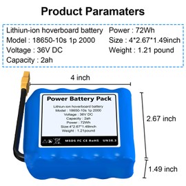 CWUU 36V/42V 2Ah Hoverboard Battery 2 Pack, Rechargeable Li-ion Battery Pack for Hoverboards, Compatible with 36V/42V Hoverboard Models, Fit for 100W - 250W Motor, 10S1P, 4 x 2.67 x 1.49 inches, Blue