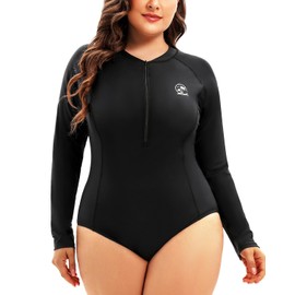 Holipick Plus Size One Piece Rash Guard for Women Long Sleeve Swimsuit Zipper UPF 50+ Surfing Bathing Suit Black