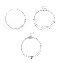 Ankle Bracelets For Women 3 PCS Foot Bracelet Silver Pearl Anklet Adjustable Ankle Chain Layered Ankle Bracelet Heart Pendant Anklets Butterfly Silver Anklets Boho Double Anklet for Women Girls (B)