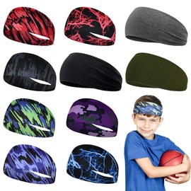 Fumwase 10 Pieces Boys Headbands Athletic Sweatbands Headbands 16 inch Elastic Sports Wicking Headbands Breathable Soft Sweatband Head Wrap for Basketball Football Cycling Running Yoga (Fashion, 10)