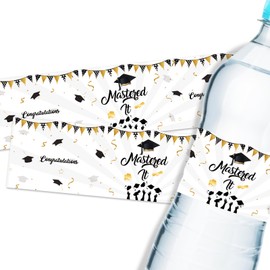 32PCS Mastered It Water Bottle Labels, Graduation Water Bottle Stickers for Masters Degree Grad Party, White Congrats Grad Bottle Wrappers, 2025 Mastered Graduation Party Decoration