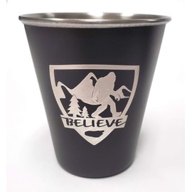 SQUATCH METALWORKS BELIEVE Bigfoot Shield Shot Glass - Stainless Steel - Bigfoot/Sasquatch/Yeti/Wilderness Gift - DESIGNED AND MANUFACTURED IN THE USA