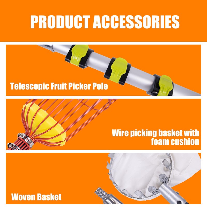 20FT Telescopic Fruit Picker With Wire Basket and Woven Basket,Adjustable