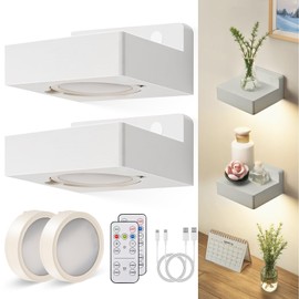 Espossi Floating Shelves with Rechargeable Battery Operated Light, 5.3'' White Small Wall Shelf Set of 2, Floating Shelves with Lights, Mini Wall Shelf with 3 Colors, Dimmable with Remote