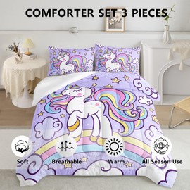 Axolotl Rainbow Unicorn Bedding Set Twin,Purple Unicorn Kids Comforter Sets with Stars Cloud for Girls,1 Quilt with 2 Pillowcases for Girls Kids Teens Children Adults Bedroom Decor All Season