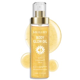 Body Glow Oil, SPF 45 Broad Spectrum, Sunscreen Body Oil with Rose Gold Mica, Moisturizing Coconut, Glow Moisturizer, Lightweight, Water Resistant, 3.72 fl oz(#1 GOLD)