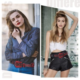 FIORETTO Men Women Rhinestone Belt Skull Leather Belt Western Bling Shining Diamond Cowgirl Cowboy Waist Belt for Jeans Pants Red