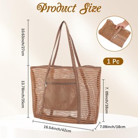 CREATCABIN Mesh Beach Bag Beach Tote Handbag With Zipper Foldable Mesh Sand Free Bag Vacation Essentials for Pool Travel and Family Vacation Ton Of Storage Saddle Brown 16.54x13.78x7.09in