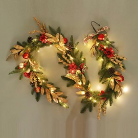 6-Foot Christmas Garland with 30 LED Lights Winter Garland with Christmas Balls Decorated with Pinecones Berries for Mantels Dining Tables Porch Decor