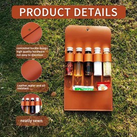 BY-J Portable Spice Bag for Travel, Camping Spice Kit with 5 Jars, Foldable Genuine Leather Spice Holder Seasoning Storage Bag, Condiment Container Set for Outdoor Picnic BBQ, Red