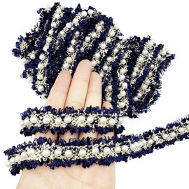 BETITETO Pearl Beaded Braid Lace Trim Ribbon Trimming Edge Embellishments 4 Yards for Sewing Wedding Dress Coat Costume Party Decoration Fabric Crafts DIY (Navy Blue)