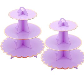 MRPAPA Cardboard Cupcake Stands, Set of 2 Tiered Dessert Trays - 3 Tier Paper Cupcake Tower Holder for 24 Cupcakes, Perfect for Girls' Birthday and Baby Shower Parties (Purple and Gold)