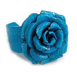 Avalaya Statement Turquoise Snake Print Leather Rose Flower Flex Cuff Bangle Bracelet - Adjustable