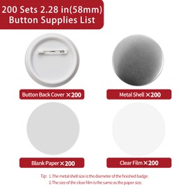 Onemorello 200 Sets Button Maker Supplies, 2.28 inch / 58mm Button Parts Button Supplies, Approx. 2.25 in Blank Button Badge Parts with Paper for Button Maker Machine Pin Maker Machine Button Press