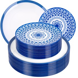 EI 60pcs Blue Plastic Plates Disposable Blue and White Floral Baroque Plastic Plates Fancy Decorative Plate Disposable Heavy Duty with Retro Classic Art Suitable for for Party,Birthday,Wedding