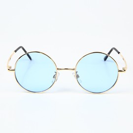 What Say Circle Gold Frame Color Lens Sunglasses 14 Colors Trend UV400 Men Women Soft & Hard Case Included (Light Blue/Gold)