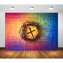Loccor 7x5ft Fabric Crucifixion of Jesus Backdrop Crown of Thorns with Cross and Jesus Names Photography Background Easter Religious Banner Christian Church Event Decoration Photo Props