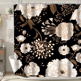 MESHELLY Black and Gold Shower Curtain 72Wx72H Vintage Peony Flower Rustic Rose Floral Leave White Brown Shower Curtain for Bathroom Botanical Bath Curtain Fabric Bathroom Decor with 12 Hooks