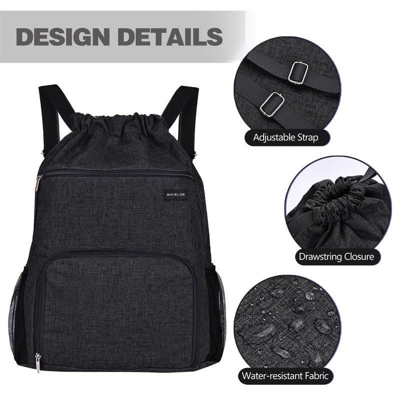 BAVELOE Drawstring Backpack with Wet Pocket & Shoe Compartment, Water-Resistant