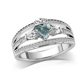 Claddagh Ring for Women 925 Sterling Silver Irish Claddagh Engagement Weeding Ring Band with Natural Moss Agate,#8