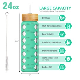 MUKOKO 24oz Glass Water Bottle with 2 Lids-Handle Flip Lid&Bamboo Straw Lid,Motivational Water Tumbler with Time Marker Reminder and Silicone Sleeve, Leakproof-Green