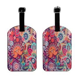 UESEU Floral Paisley Luggage Tag for Suitcases,Indian Style Colorful Flowers Paisley Ethnic Red PU Leather Baggage Tags Bag Tags Travel Id Label for Luggage Women Men -1 Piece
