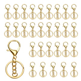 QUARKZMAN Lobster Claw Carabiner Keychain, 30 Pieces Lobster Claw Carabiner Hook with Flat Key Ring and Chain for DIY Craft Keychain, Gold