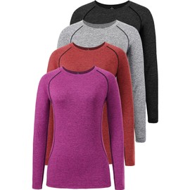 Star Vibe Dry Fit Long Sleeve Tshirt for Women Moisture Wicking Long Sleeve Tee Outdoor Compression Running Workout Tops 4 Pack Black/Grey/Wine red/Rose XL