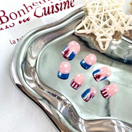 Independence Day False Nails 4th of July Short Press on Nails Glossy French Tip Coffin Nails Glue on Nail with Star Stripe Decoration Acrylic Fake Nail Reusable for Women 24Pcs
