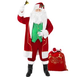 Kofero Santa Claus Costume for Men Adult Santa Suit Professional Christmas Plus Size Deluxe 11Pcs Outfit Red Cosplay Party