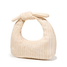 KOOIJNKO Knotted Straw Clutch Purses for Women, Bow Summer Beach Bag, Dumpling Evening Handbag Woven Clutch for Party Wedding, Cream White