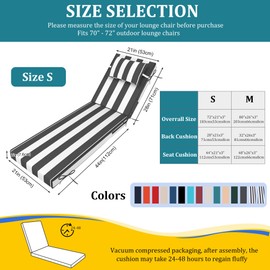 Odsiikly Outdoor Lounge Chair Cushions Set of 2, Pool Chaise Cushion with Pillow,Ties, Waterproof Fade Resistant Lounge Chair Pads for Patio Deck Furniture, 72" X 21" X 3",Gray Black Cabana Stripe