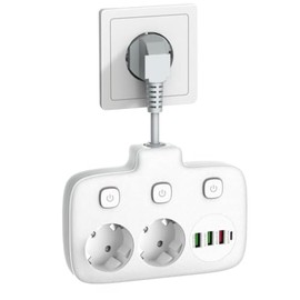 Double Plug for Socket, Power Strip, 2-Way Individually Switchable, Distribution Socket Wall Mounted with 3 USB A & 1 USB C, PD 20 W - White