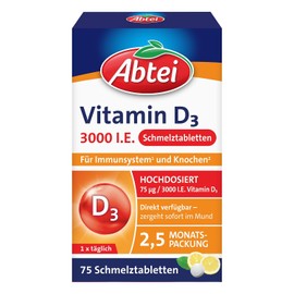 Abtei Vitamin D3 3000 IU - Supports Immune System and Bones - Laboratory Tested, Gluten-Free, Lactose-free and Vegetarian - 75 Melting Tablets with Lemon Flavour