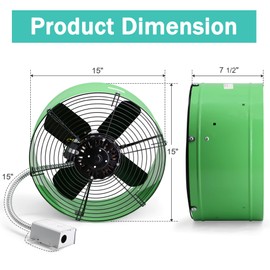 Hipoilk Gable Mount Attic Fan with Adjustable Thermostat, 15 Inch Exhaust Fan for Attic, Garage, Shed, Shop Ventilation, 1650 CFM, 1075 RPM, 2500 SQF Coverage Area