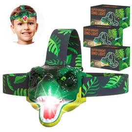 Skywin Dinosaur Headlamp for Kids, 3 Pack Kids Headlamps for Camping 2.8 x 2.9 x 2.7 Inches, Squeeze Mouth to Switch with Roaring Sound, Adjustable Strap for Camping & Hunting