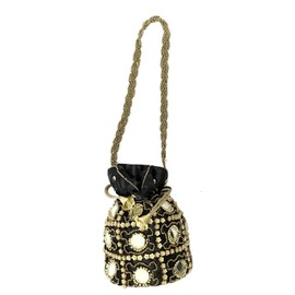 Purpledip Potli Bag (Drawstring Purse): Gold Thread Sequin Embroidery, deep black