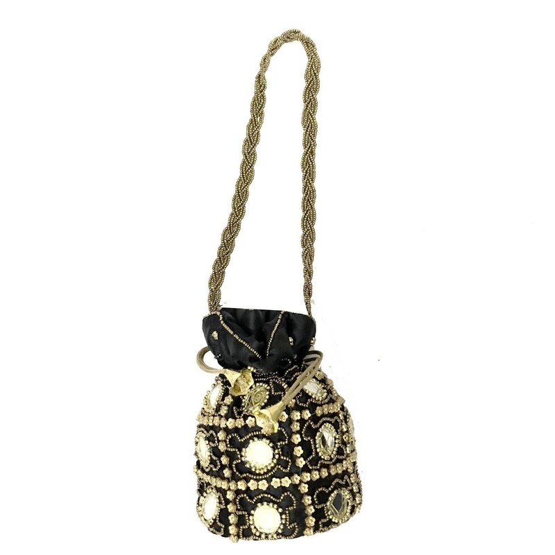 Purpledip Potli Bag (Drawstring Purse): Gold Thread Sequin Embroidery, deep
