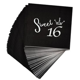 Black and Silver 16th Birthday Cocktail Napkins,40 pcs 16th Birthday Disposable Paper Beverage Napkin Celebrations Party Favor Supplies Decorations