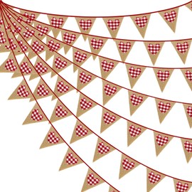 PinkBlume Red Heart Burlap Triangle Flag Garland Banner Party Decoration Red Plaid Heart Shaped Rustic Boho Jute Fabric Pennant Decoration Valencia Inn Birthday Wedding Outdoor Flag Picnic Camping