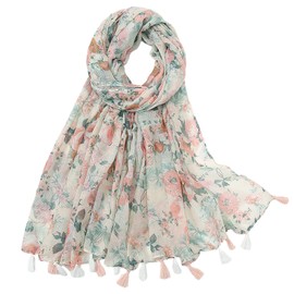 amokk Boho Floral Scarf with Tassels for Women Lightweight Shawl and Wraps Head Scarves (Color-2)