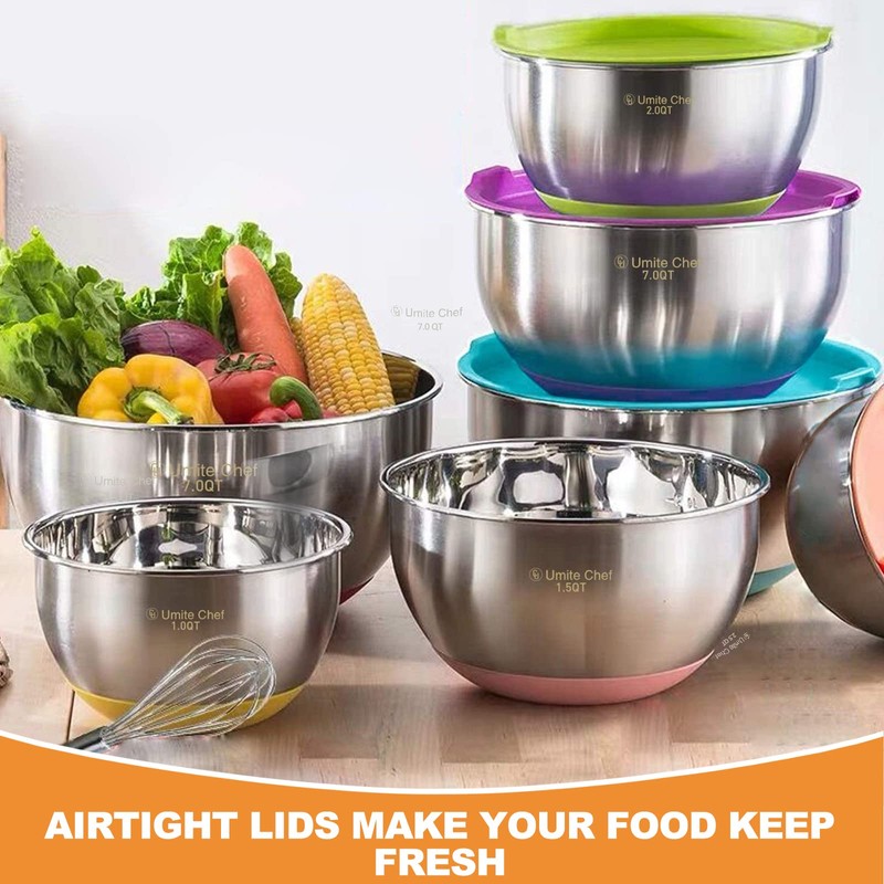 Umite Chef Mixing Bowls with Airtight Lids, 6 Piece Stainless