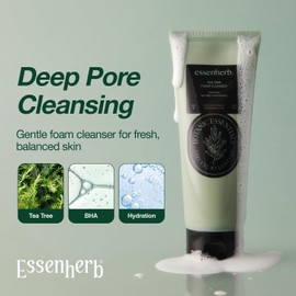 ESSENHERB Tea Tree Foam Cleanser – Korean Face Wash with AHA & Hyaluronic Acid for Sensitive, Dry Skin – Gentle, Hydrating Daily Cleanser for Pores & Blemish-Prone Skin (150ml / 5.07 fl.oz)