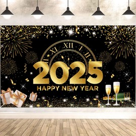 Happy New Year Banner 2025 Extra Large, 73x43 Inch Black and Gold Happy New Year Backdrop 2025, New Years Eve Decorations 2025, Happy New Year Decorations 2025, Happy New Years Eve Party Supplies