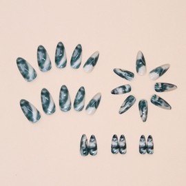 Almond Press on Nails Medium Fake Nails with Dark Green Marble Designs Glossy Glue on Nails Daily Wear Natural Acrylic Nails Artificial Summer Fall Stick on Nails for Women 24Pcs