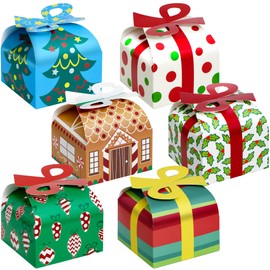 JOYIN 24 PCS 3D Christmas Goody Gift Boxes with Bow for Holiday Xmas Goodie Paper Boxes, School Classroom Party Supplies, Candy Treat Cardboard Cookie Boxes for Gift Giving (3.75” x 3.75” x 3.1”)