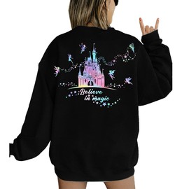 MYHALF Believe In The Magic Sweatshirt Women Crewneck Magic Pullover Shirt Family Vacation Castle Graphic Tops Black